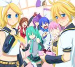  &gt;_&lt; 4girls :&lt; bad_id bad_pixiv_id bare_shoulders blonde_hair blue_hair blue_scarf blush breasts candy cleavage closed_eyes detached_sleeves everyone fan fingerless_gloves flat_chest food gloves green_eyes green_hair hatsune_miku kagamine_len kagamine_rin kaito kamui_gakupo long_hair medium_breasts megurine_luka meiko midriff multiple_boys multiple_girls navel necktie o_o open_mouth pale_eye pink_hair purple_hair scarf shorts thighhighs thumbs_up twintails vocaloid white_day yahako zettai_ryouiki 