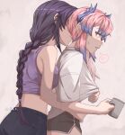  2girls absurdres black_pants black_shorts blush braid clothes_lift coffee_mug commentary cup dolphin_shorts genshin_impact glowy_(gloww) hand_on_another&#039;s_waist hashtag-only_commentary highres holding holding_cup horns long_hair mug multicolored_hair multiple_girls pants parted_lips pink_background pink_hair purple_hair purple_sports_bra raiden_shogun sangonomiya_kokomi shirt shirt_lift short_shorts short_sleeves shorts simple_background single_braid smile spoken_blush sports_bra streaked_hair sweatdrop twitter_username white_shirt yuri 