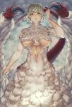  1girl arm_up blonde_hair blood blood_on_face blood_on_hands body_fur breasts centauroid chimera commentary_request cowboy_shot dragon_tail dungeon_meshi falin_touden falin_touden_(chimera) feathered_wings feathers highres large_breasts linea_alba looking_at_viewer mikel_(4hands) monster_girl navel parted_lips partial_commentary short_hair sidelocks solo stomach tail taur underboob white_feathers wings yellow_eyes 