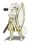 absurd_res anthro armor big_breasts breasts clothed clothing digital_media_(artwork) felid feline female fur hair hi_res holding_object holding_weapon legwear looking_at_viewer mammal melee_weapon mi_lan milan_(mi_lan) nipple_piercing nipples piercing purple_eyes shield simple_background solo sword tail topwear weapon white_body white_fur white_hair