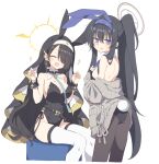  2girls animal_ears ass black_hair black_leotard black_pantyhose blue_archive blush breasts cardigan cleavage closed_eyes coif cross cross_earrings detached_collar earrings fake_animal_ears fake_tail grey_cardigan halo highres hinata_(blue_archive) jewelry large_breasts leotard long_hair long_sleeves looking_at_viewer multiple_girls nun open_mouth pantyhose ponytail purple_eyes rabbit_ears rabbit_tail satou_kibi simple_background sitting small_breasts smile strapless strapless_leotard tail thighhighs ui_(blue_archive) white_background white_thighhighs wrist_cuffs yellow_halo 