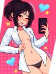  1girl absurdres black_eyes black_hair black_panties breasts dutch_angle heart highres holding holding_phone looking_at_viewer navel no_pants one_eye_closed open_clothes open_shirt original panties phone pixel_art shirt solo tongue tongue_out underwear white_shirt yumykon 