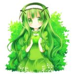  apple aruya_(flosrota) bad_id bad_pixiv_id blush dress food fruit green_eyes green_hair hairband long_hair original solo 