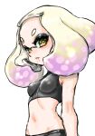  1girl blonde_hair cross-shaped_pupils gradient_hair groin highres inkling koharu2.5 medium_hair mole mole_under_mouth multicolored_hair navel parted_lips pearl_(splatoon) pink_hair short_eyebrows simple_background solo splatoon_(series) symbol-shaped_pupils tentacle_hair two-tone_hair white_background yellow_eyes zipper 