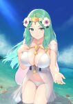  1girl bikini blue_sky breasts cleavage closed_eyes closed_mouth cloud collarbone day fire_emblem fire_emblem:_three_houses fire_emblem_heroes flower green_eyes green_hair hair_flower hair_ornament hibiscus highres jewelry large_breasts long_hair looking_at_viewer navel necklace nnnn_oekaki ocean official_alternate_costume outdoors outstretched_hand partially_submerged rhea_(fire_emblem) rhea_(summer)_(fire_emblem) sky smile solo swimsuit thighs wading water wet white_bikini white_flower 