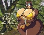  anthro bear big_breasts bikini biped breasts brown_body clothed clothing eyelashes female hi_res huge_breasts human human_on_anthro interspecies larger_female male male/female mammal nipple_outline pupils size_difference smile swimwear tansau text thick_thighs 