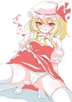  0002koko 1girl absurdres ascot blonde_hair blush dress flandre_scarlet hat highres lifted_by_self looking_at_viewer mob_cap no_shoes panties puffy_short_sleeves puffy_sleeves red_dress red_eyes short_sleeves side_ponytail smile solo squatting thighhighs touhou underwear white_background white_panties white_thighhighs yellow_ascot 