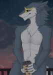  anthro banzai.puppy coffee_cup container cup fur green_eyes grey_body grey_fur hi_res kvad_silves male navel night nude sergal solo star tail 