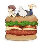  barefoot bob_cut brown_hair cat commentary feet food hamburger kajiwara_shikaji lying original short_hair sketch solo 