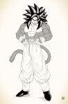  1boy absurdres biceps black_hair blue_sash blue_wristband body_fur closed_mouth dougi dragon_ball dragon_ball_gt highres long_hair looking_at_viewer male_focus monkey_boy monkey_tail monochrome muscular muscular_male no_nipples pants pectorals red_fur saiyan sash solo son_goku spiked_hair super_saiyan super_saiyan_4 tail y_man_07 yellow_pants 