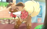  all_fours blurry blurry_foreground body_fur bouquet bow bowtie brown_fur closed_eyes dog door holding holding_bouquet kotaro_aida mouth_hold pink_bow pink_bowtie pokemon pokemon_(creature) rockruff tree walking 