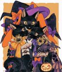  animal animal_focus black_cat black_hat border bow bowtie cat clothed_animal flower frills halloween halloween_bucket hat hat_bow highres holding holding_with_tail no_humans orange_background orange_bow original outside_border prehensile_tail pumpkin_print purple_bow simple_background spider_web_print striped_bow striped_bowtie striped_clothes sunflower tail tonbippo08 whiskers white_border wilted_flower witch_hat yellow_bow yellow_bowtie yellow_eyes 