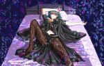 1girl absurdres blue_eyes blue_hair bodice breasts bustier byleth_(female)_(fire_emblem) byleth_(fire_emblem) cape cleavage closed_mouth clothing_cutout fire_emblem fire_emblem:_three_houses hair_between_eyes hand_on_own_face highres large_breasts legs_apart long_hair looking_at_viewer lying medium_hair navel navel_cutout nijiteru on_back on_bed pantyhose pantyhose_under_shorts patterned_legwear pillow print_pantyhose shorts solo 