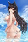  1girl absurdres animal_ears ass atago_(azur_lane) azur_lane bikini black_hair blue_sky breasts bubble butt_crack cloud cowboy_shot day dog_ears extra_ears from_behind highres large_breasts looking_at_viewer looking_back mole mole_under_eye ocean outdoors parted_lips sideboob sky solo swimsuit vodka13 wading water wet white_bikini yellow_eyes 