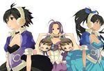  ahoge antenna_hair black_eyes black_hair blue_eyes brown_hair choker cute_&amp;_girly_(idolmaster) dragon_ball dragon_ball_z dress flat_chest fusion_dance futami_ami futami_mami ganaha_hibiki hair_bobbles hair_ornament headphones idolmaster idolmaster_(classic) idolmaster_1 kikuchi_makoto long_hair miura_azusa multiple_girls open_mouth parody ponytail pop_sound_blossom purple_hair red_eyes short_hair siblings taira_tsukune twins 