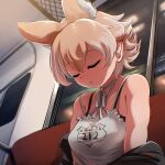  1girl animal_ears bare_shoulders black_jacket blonde_hair camisole closed_eyes coyote_(kemono_friends) extra_ears highres jacket kemono_friends kemono_friends_v_project mcgunngu short_hair sleeping solo train upper_body virtual_youtuber white_camisole wolf_ears wolf_girl 