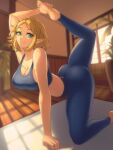  1girl absurdres ass bare_shoulders barefoot blonde_hair blue_sports_bra braid breasts cleavage closed_mouth collarbone crown_braid feet foot_out_of_frame green_eyes highres huge_ass indoors large_breasts leg_up looking_at_viewer on_one_knee opalis pants plant pointy_ears potted_plant princess_zelda short_hair sidelocks smile solo sports_bra sunlight the_legend_of_zelda the_legend_of_zelda:_tears_of_the_kingdom tight_clothes tight_pants wooden_floor workout_clothes yoga yoga_mat yoga_pants 