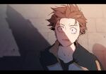  1boy absurdres black_shirt black_track_suit brown_hair collarbone floating_hair from_above hair_slicked_back highres inawa_akito jacket looking_ahead looking_at_object looking_up male_focus natsuki_subaru open_mouth re:zero_kara_hajimeru_isekai_seikatsu red_eyes red_pupils shadow shirt solo solo_focus surprised teeth track_suit upper_teeth_only wide-eyed 