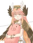  1girl animal armlet bracelet circe_(fate) fate/grand_order fate_(series) feathered_wings green_eyes head_wings holding holding_animal jewelry long_hair looking_at_viewer multicolored_eyes necklace pig pink_eyes pink_hair pointy_ears ryuuga_nanamaru smile solo wings 