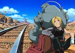  absurdres ahoge alphonse_elric armor artist_request back-to-back blonde_hair braid brothers edward_elric flamel_symbol full_armor fullmetal_alchemist gloves grin highres male_focus official_art prosthesis railroad_tracks siblings single_braid smile sweat yellow_eyes 