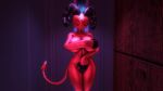  3d_(artwork) absurd_res anthro barbie_(helluva_boss) bathing big_breasts big_butt birthmark breasts butt claws demon detailed_background digital_media_(artwork) eyes_closed female helluva_boss hi_res horn imp markings nude open_mouth open_smile red_body shower showering smile solo sonicthebitch tail thick_thighs water 
