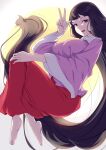  1girl barefoot black_hair blunt_bangs breasts floating full_body full_moon hand_on_own_knee highres houraisan_kaguya long_hair long_skirt looking_at_viewer mirufui moon open_mouth pink_shirt red_eyes red_skirt shirt skirt smile solo touhou v very_long_hair wide_sleeves 