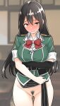  1girl ass_visible_through_thighs belt black_belt black_gloves black_hair blurry blurry_background blush breasts brown_eyes chikuma_(kancolle) closed_mouth cowboy_shot elbow_gloves female_pubic_hair furaggu_(frag_0416) gloves green_jacket groin highres jacket kantai_collection large_breasts long_hair looking_at_viewer navel no_panties pubic_hair pussy short_sleeves single_elbow_glove solo 