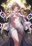  1girl blonde_hair blue_eyes breasts commentary crown_(naked_king)_(nikke) disembodied_hand drill_hair goddess_of_victory:_nikke highres large_breasts light_censor long_hair looking_at_viewer naked_robe navel robe simple_background solo sonsoso symbol-only_commentary white_robe 
