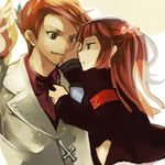  1girl armband black_eyes blush brother_and_sister gm hair_bobbles hair_ornament jacket necktie necktie_grab neckwear_grab red_hair siblings twintails umineko_no_naku_koro_ni ushiromiya_ange ushiromiya_battler 