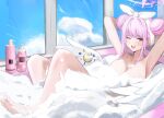  1girl absurdres angel_wings armpits bathing bathtub blue_archive blush breasts cleavage crescent crescent_pin dana_(hapong07) double_bun hair_bun halo highres large_breasts long_hair mika_(blue_archive) nude one_eye_closed open_mouth pink_hair pink_halo smile soap_bubbles solo white_wings wings yellow_eyes 