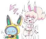  1girl animal_ears blonde_hair blush breasts detached_sleeves fake_animal_ears gun helmet high_ponytail holding holding_gun holding_weapon long_hair midriff navel nollety open_mouth rabbit_ears rabbit_girl rabbit_tail red_eyes shorts simple_background snowrabby spacesuit tail trait_connection usapyon weapon white_background youkai_(youkai_watch) youkai_watch 