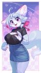  abstract_background absurd_res ahoge anthro aruurara big_breasts black_clothing black_shirt black_topwear blue_bottomwear blue_clothing blue_skirt blush bottomwear braided_hair breasts canid canine canis claws cleavage_cutout clothing cute_fangs cutout eyebrow_through_hair eyebrows fell_(aruurara) female fur grey_body grey_fur hair heart_catchlight heart_symbol hi_res highlights_(coloring) inner_ear_fluff kemono looking_at_viewer mammal miniskirt multicolored_body multicolored_fur open_mouth pawpads pink_body pink_claws pink_eyes pink_fur pink_hair_bow pink_highlights pink_pawpads shirt skirt solo topwear translucent translucent_hair tuft white_body white_fur wolf 