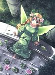  barefoot blonde_hair braid dress fairy_wings fantasy flower from_above green_eyes head_wreath long_hair looking_up lotus mavka plant pointy_ears ragnarok_online sitting soaking_feet solo water wings yakka 