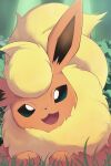 ambiguous_gender eeveelution feral flareon fur generation_1_pokemon hi_res looking_at_viewer nintendo open_mouth open_smile orange_body orange_fur pokemon pokemon_(species) quadruped rumine smile solo