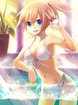  :d arm_support bad_id bad_pixiv_id bikini blue_eyes front-tie_bikini front-tie_top gym_leader holding holding_poke_ball kasumi_(pokemon) leaning_to_the_side light_rays navel open_mouth orange_hair plant poke_ball pokemon potted_plant shiramori_yuse short_hair side-tie_bikini side_ponytail smile solo string_bikini sunbeam sunlight swimsuit v wading water white_bikini 