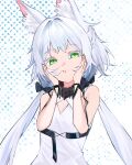  1girl :t absurdres animal_ear_fluff animal_ears arknights bare_shoulders black_bow black_ribbon bow cleavage_cutout closed_mouth clothing_cutout colored_eyelashes commentary green_eyes hair_bow hair_intakes half-closed_eyes hands_on_own_cheeks hands_on_own_face hands_up highres long_hair looking_at_viewer puranetto_(vjun4748) ribbon rosmontis_(arknights) rosmontis_(become_anew)_(arknights) shirt sleeveless sleeveless_shirt solo twintails upper_body white_hair white_shirt wrist_ribbon 