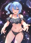  1girl ;d absurdres aoi_zerii bikini black_bikini blue_eyes blue_hair collarbone cowboy_shot frilled_bikini_top frills glint high_side_ponytail highres hololive hoshimachi_suisei lens_flare navel one_eye_closed open_mouth smile solo star_(symbol) star_in_eye stomach swimsuit symbol_in_eye thighs virtual_youtuber water wet 