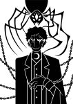  2016 5_fingers ambiguous_gender animal_humanoid arachnid arthropod arthropod_humanoid biped black_and_white bloodborne button_(fastener) chain chained cheekbones closed_smile clothed clothed_human clothed_male clothing coat crescent_moon cuff_(restraint) digital_drawing_(artwork) digital_media_(artwork) dress_shirt duo feral fingers fromsoftware grin hair half-length_portrait hi_res human human_focus humanoid looking_at_viewer male male_human mammal mandibles micolash_(bloodborne) mismatched_eyes monochrome moon mouth_closed multi_eye portrait restraints shackles shirt silhouette simple_background smile sony_corporation sony_interactive_entertainment spider sunnyclockwork teeth topwear white_background 