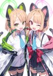  2girls absurdres animal_ear_headphones animal_ears black_shorts black_skirt black_thighhighs blonde_hair blue_archive blue_necktie bow cat_ears cat_tail commentary_request fake_animal_ears fake_tail green_bow green_eyes green_halo hair_bow halo headphones hidis0086 highres jacket korean_commentary looking_at_viewer midori_(blue_archive) momoi_(blue_archive) multiple_girls necktie open_mouth pink_eyes pink_halo red_bow shirt short_hair shorts siblings sidelocks sisters skirt smile tail thighhighs twins upper_body white_jacket white_shirt 