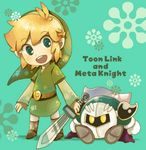  blonde_hair cape gloves green_eyes hat holding holding_sword holding_weapon kirby_(series) left-handed link mask meta_knight mitsubachi_koucha multiple_boys smile super_smash_bros. sword the_legend_of_zelda toon_link weapon yellow_eyes 