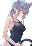  1girl absurdres animal_ear_fluff animal_ears black_one-piece_swimsuit blue_archive blue_eyes breasts competition_swimsuit covered_navel cowboy_shot cross_hair_ornament extra_ears grey_hair hair_ornament halo highres kuroshiro_kanae low_ponytail medium_breasts medium_hair mismatched_pupils multicolored_clothes multicolored_swimsuit official_alternate_costume one-piece_swimsuit pool_ladder shiroko_(blue_archive) shiroko_(swimsuit)_(blue_archive) simple_background solo swimsuit wet wet_clothes wet_swimsuit white_background wolf_ears 