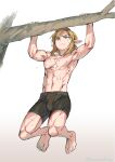  blonde_hair blue_eyes bodily_fluids bottomwear clothing elf exercise feet fingers hair humanoid humanoid_pointy_ears hylian light_body light_skin link male monbetsu_kuniharu muscular muscular_humanoid muscular_male nintendo not_furry plant pull-up_(exercise) shorts simple_background solo sweat the_legend_of_zelda toes tree 