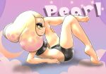  1girl bare_legs barefoot bike_shorts black_shorts blonde_hair character_name crop_top cross-shaped_pupils eyelashes hand_on_own_leg highres inkling koharu2.5 leg_up medium_hair mole mole_under_mouth multicolored_hair outline pearl_(splatoon) pink_hair short_eyebrows shorts smile solo splatoon_(series) split_mouth symbol-shaped_pupils tentacle_hair two-tone_hair white_outline yellow_eyes 
