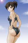  :3 ass blush brown_eyes brown_hair competition_swimsuit from_behind ga-rei ga-rei_zero hands_on_hips looking_back one-piece_swimsuit orion_(baranomitsu) ponytail short_hair smile solo swimsuit yanase_chizuru 
