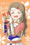  1girl amagumo1023 armor brown_hair closed_eyes dated facing_viewer fire_emblem fire_emblem_fates gift hana_(fire_emblem) happy_birthday headband highres holding holding_gift japanese_armor katana open_mouth samurai solo sword weapon 