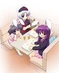  animal_ears bad_id bad_pixiv_id black_hair bunny_ears hat inaba_tewi marugoshi_(54burger) multiple_girls purple_hair red_eyes reisen_udongein_inaba restaurant silver_hair sitting touhou yagokoro_eirin 