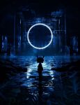  1girl 3d blender_(medium) blue_theme circle circuit_board cloud from_behind glowing headphones highres leaf light_particles light_rays night night_sky on_water original reflection reflective_water rock scenery short_hair silhouette sira0xff sky solo standing standing_on_liquid star_(sky) starry_sky water 