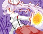  ass bangs blunt_bangs blush bow cowboy_shot fire flame from_behind fujiwara_no_mokou hair_bow looking_at_viewer looking_back meito_(maze) outstretched_arms pants profile purple_background red_eyes shirt simple_background solo suspenders touhou 