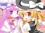  :&lt; blonde_hair bow brown_eyes close-up hair_bow hat holding_hands kirisame_marisa long_hair meito_(maze) multiple_girls patchouli_knowledge purple_eyes purple_hair touhou upper_body witch_hat 