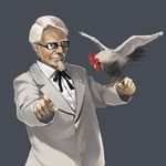  animal animal_on_arm bird bird_on_arm chicken code_geass colonel_sanders formal geass glasses kfc kuroko_(piii) male_focus parody pointing solo string_tie white_hair 